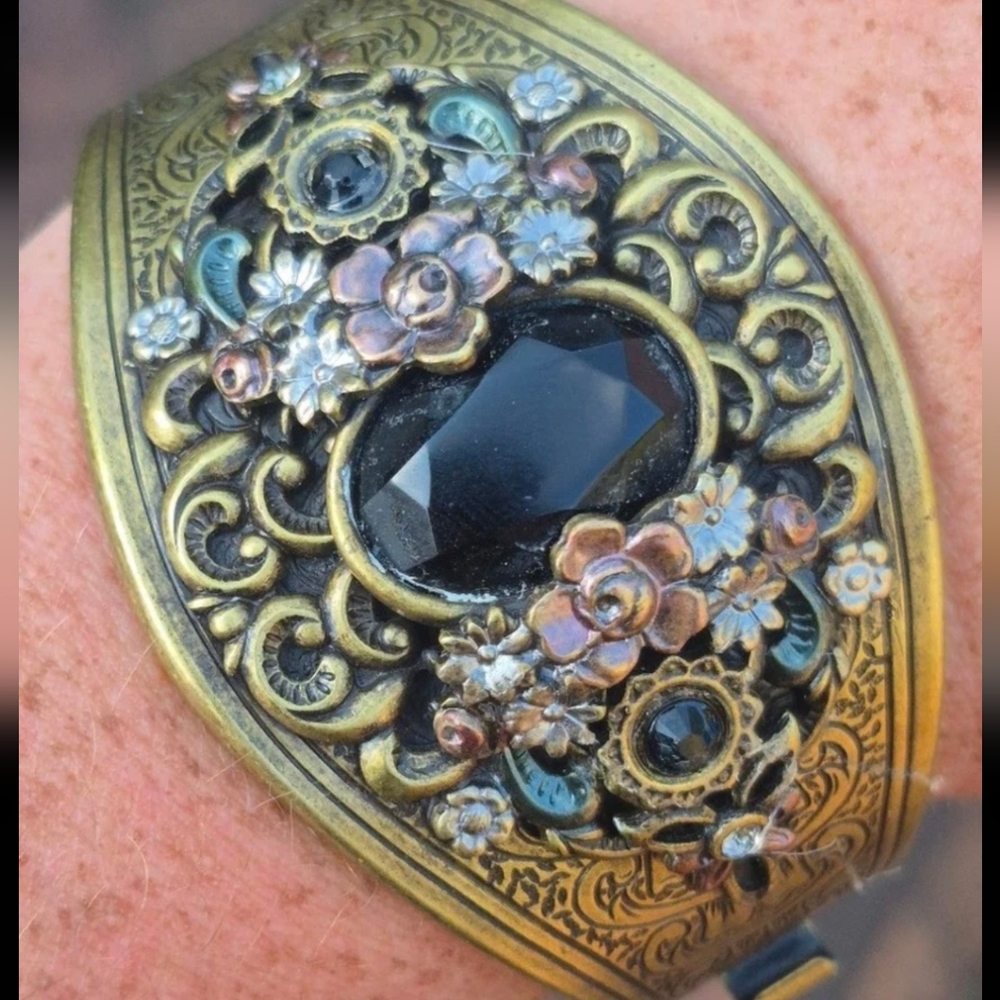 Sweet Romance Gold and Black Filigree Clamper Bracelet with Swarovski Crystals